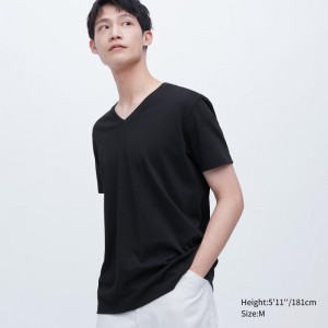 Uniqlo Dry Color V-Neck Short-Sleeve T Shirts Herre Sort | 7627450