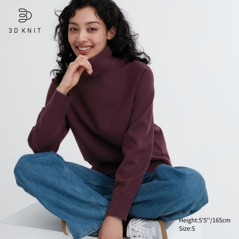 Uniqlo 3D Knit Souffle Yarn Long-Sleeve Trøjer Dame Bordeaux | 5562167
