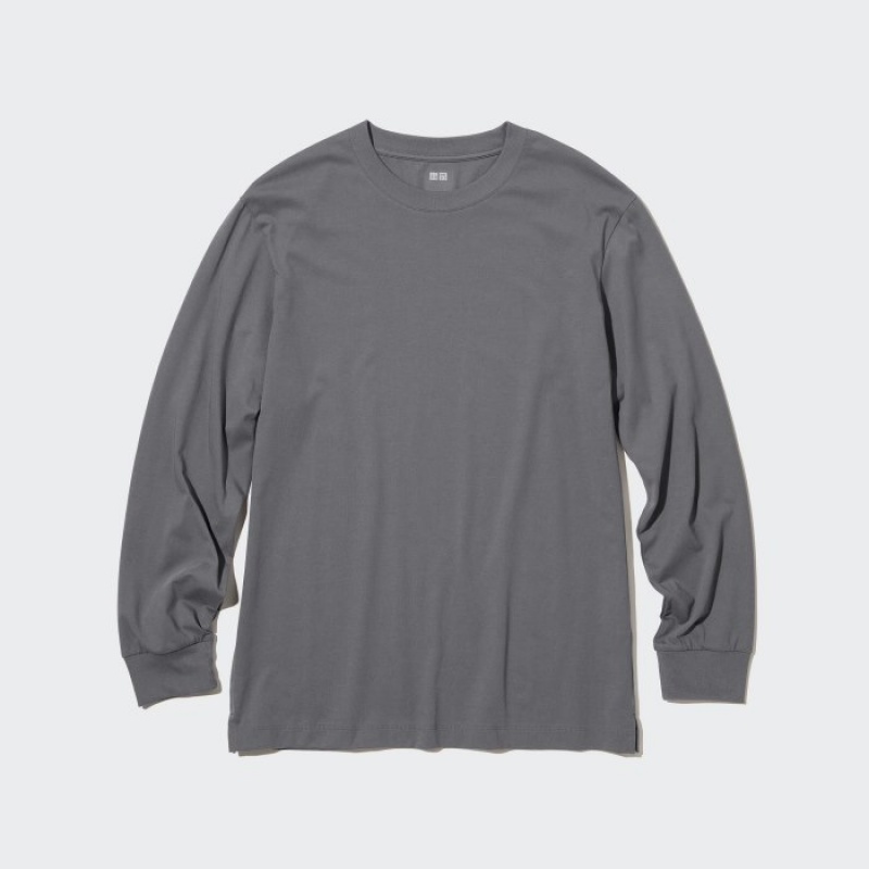 Uniqlo Airism Cotton Uv Protection Crew Neck Long-sleeve T Shirts Dame Grå | 6556359