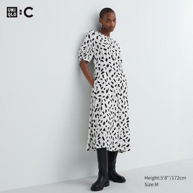 Uniqlo Balloon Sleeve Short-Sleeve Kjole Dame Hvide | 9005724