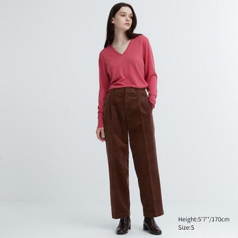 Uniqlo Corduroy Wide-Fit Pleated Bukser Dame Brune | 4683530