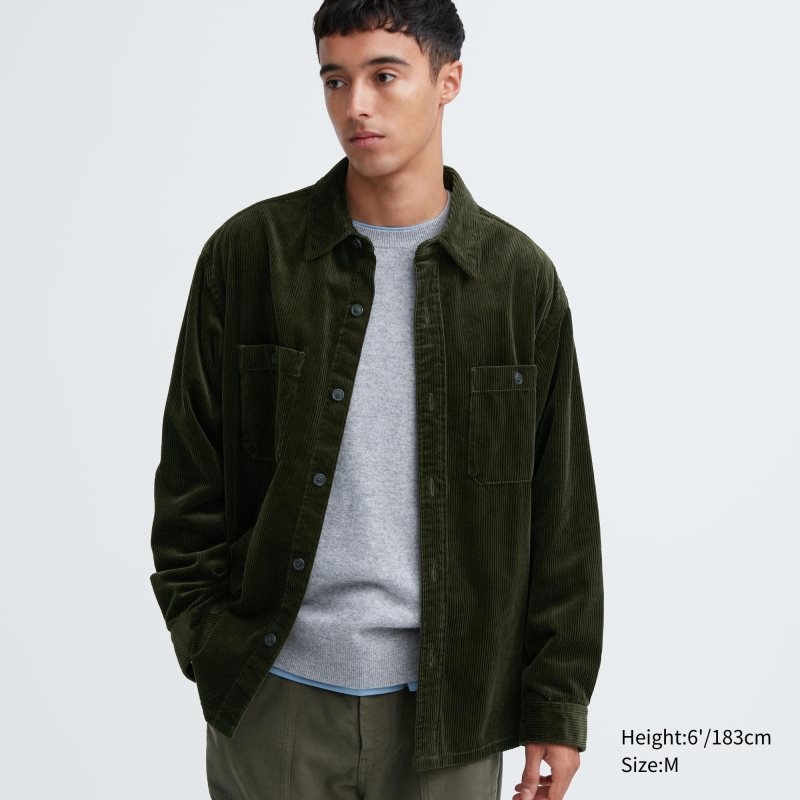 Uniqlo Corduroy Work Long-sleeve Skjorte Herre Olivengrøn | 8292382