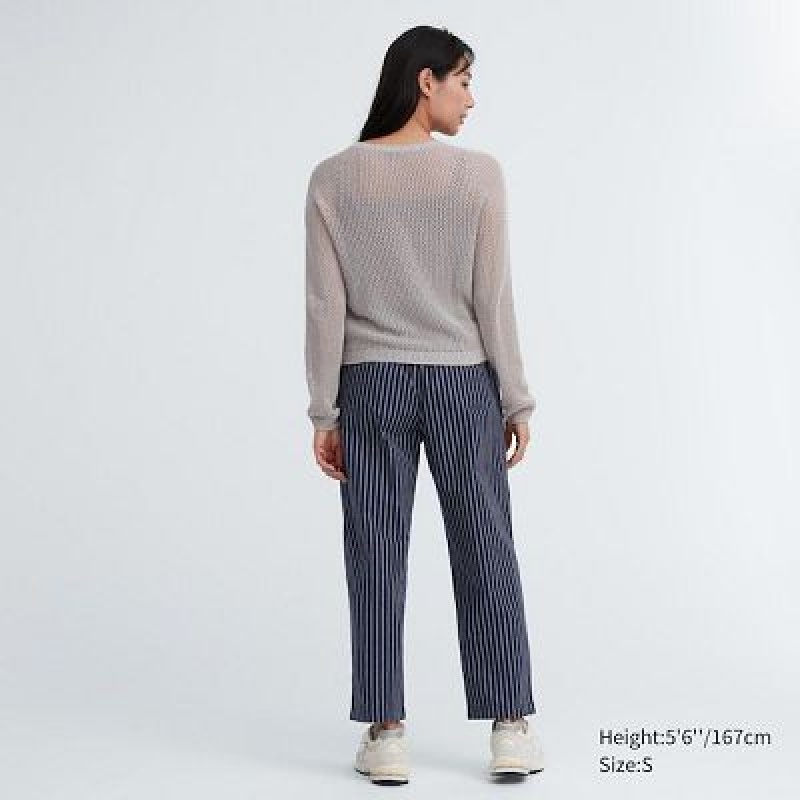 Uniqlo Cotton Striped Relaxed Ankle Bukser Dame Mørkeblå | 5145674