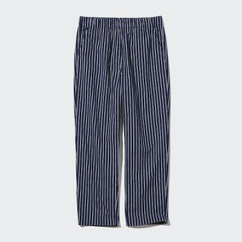 Uniqlo Cotton Striped Relaxed Ankle Bukser Dame Mørkeblå | 5145674