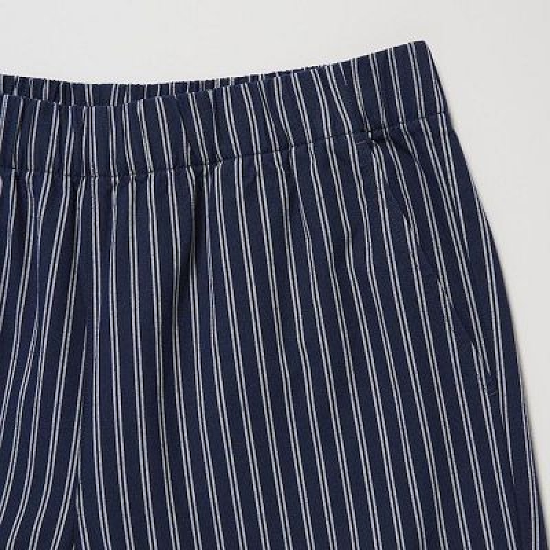 Uniqlo Cotton Striped Relaxed Ankle Bukser Dame Mørkeblå | 5145674