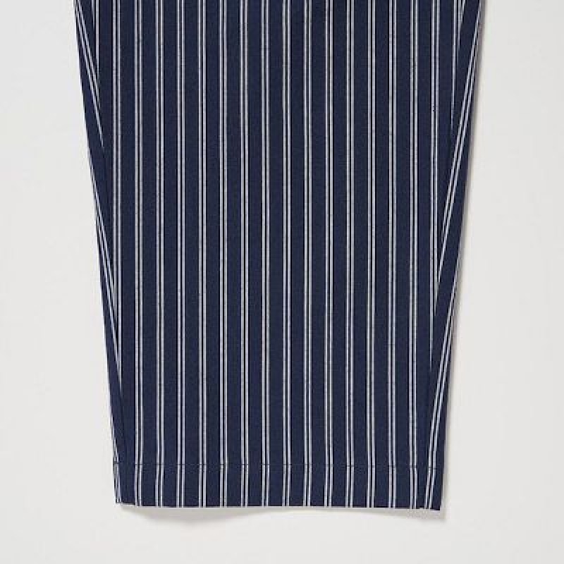 Uniqlo Cotton Striped Relaxed Ankle Bukser Dame Mørkeblå | 5145674