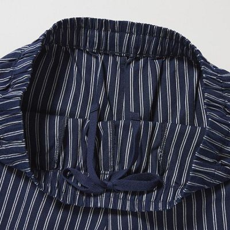 Uniqlo Cotton Striped Relaxed Ankle Bukser Dame Mørkeblå | 5145674