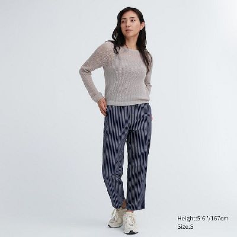 Uniqlo Cotton Striped Relaxed Ankle Bukser Dame Mørkeblå | 5145674