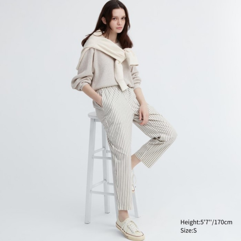 Uniqlo Cotton Striped Relaxed Ankle Bukser Dame Hvide | 5529419