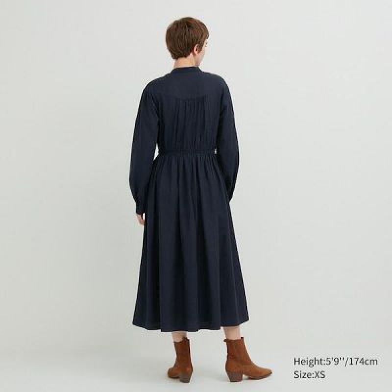 Uniqlo Cotton Twill Volume Sleeve Long Kjole Dame Mørkeblå | 1324574