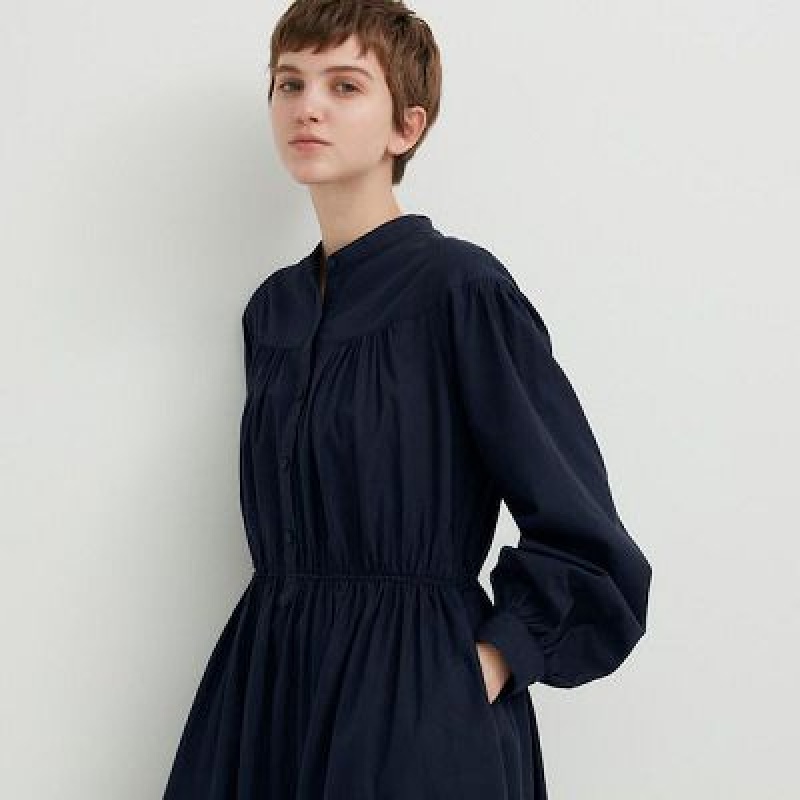 Uniqlo Cotton Twill Volume Sleeve Long Kjole Dame Mørkeblå | 1324574