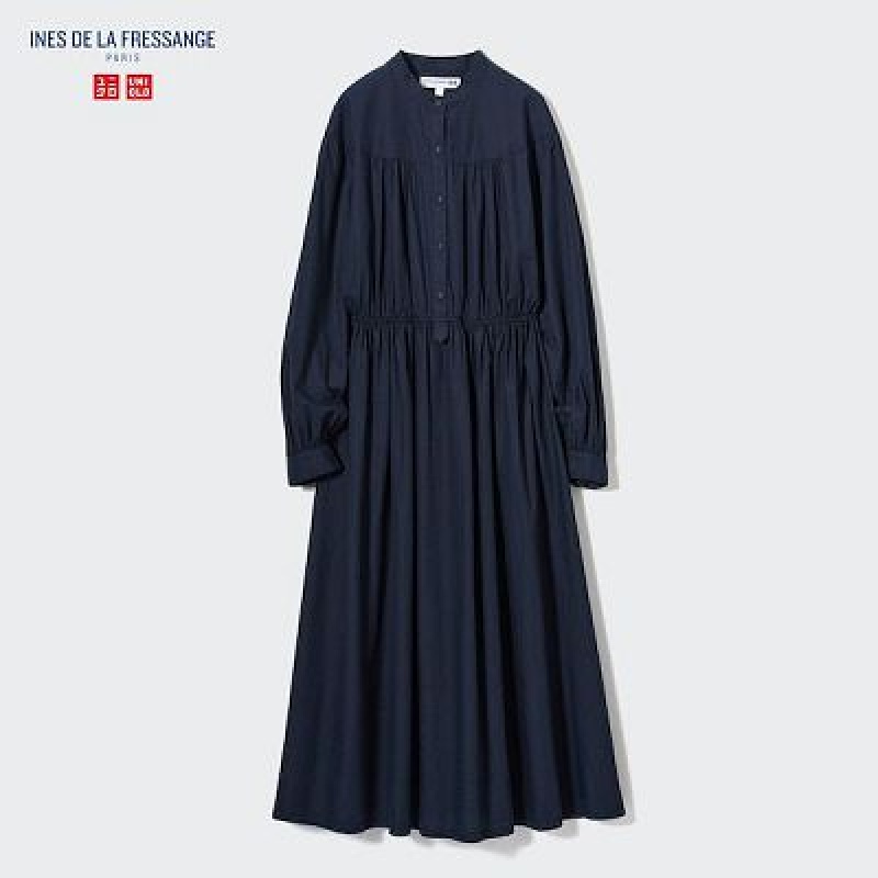 Uniqlo Cotton Twill Volume Sleeve Long Kjole Dame Mørkeblå | 1324574