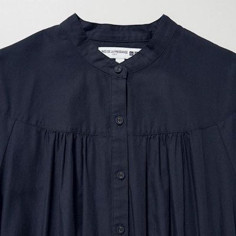 Uniqlo Cotton Twill Volume Sleeve Long Kjole Dame Mørkeblå | 1324574