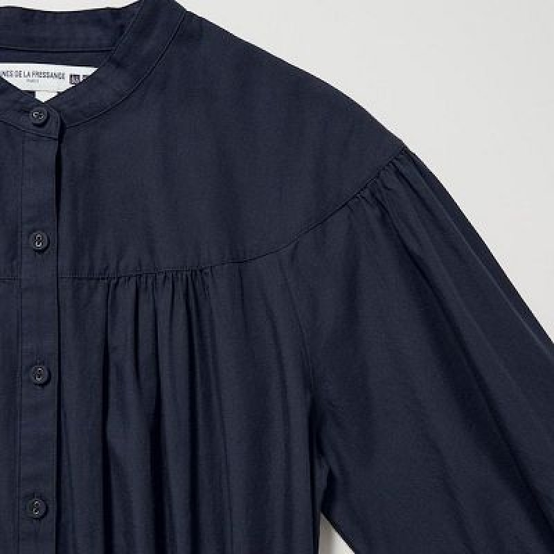 Uniqlo Cotton Twill Volume Sleeve Long Kjole Dame Mørkeblå | 1324574