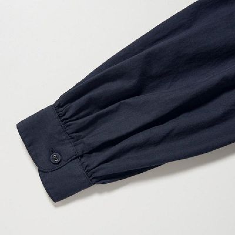 Uniqlo Cotton Twill Volume Sleeve Long Kjole Dame Mørkeblå | 1324574