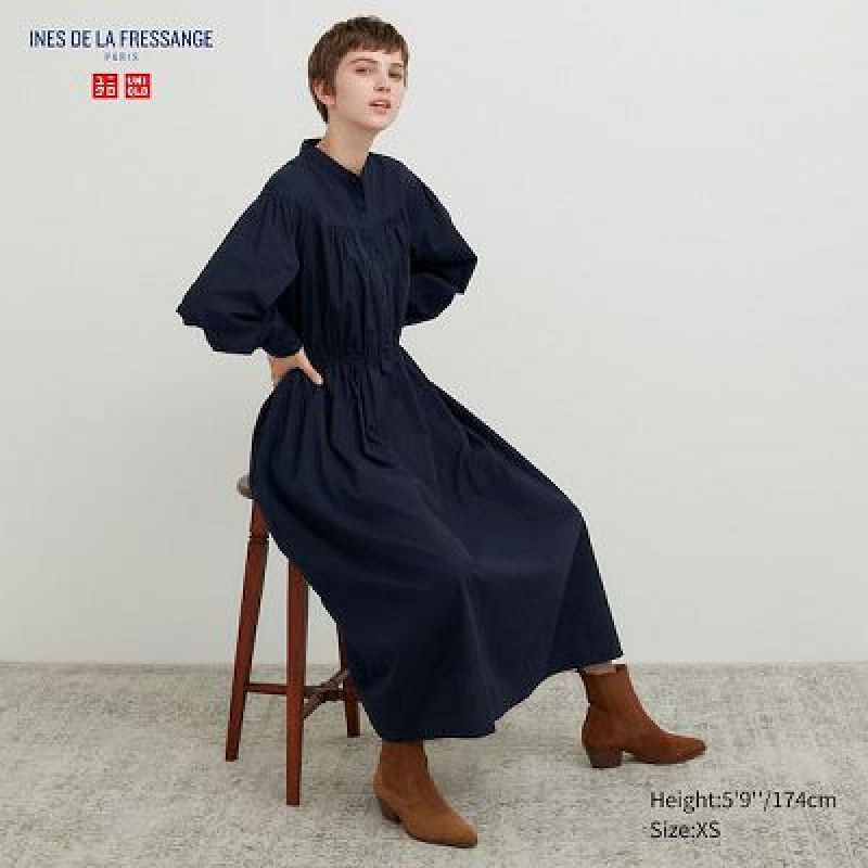 Uniqlo Cotton Twill Volume Sleeve Long Kjole Dame Mørkeblå | 1324574