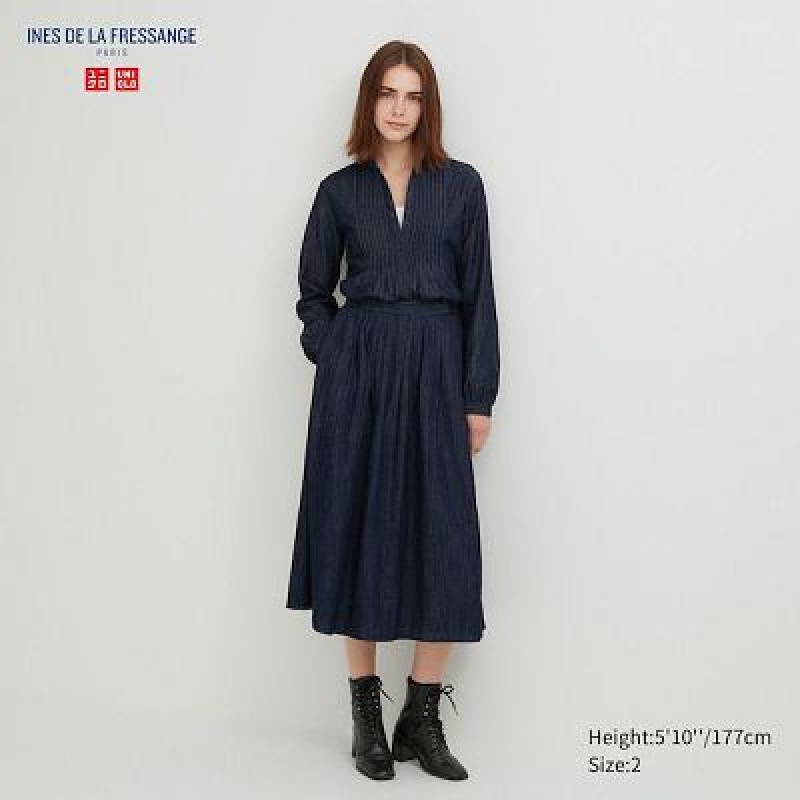 Uniqlo Denim Gather Nederdel Dame Mørkeblå | 9995599