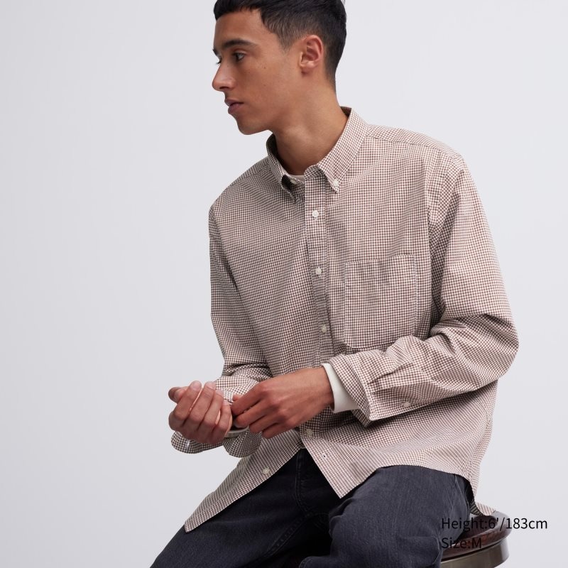 Uniqlo Extra Fine Cotton Broadcloth Checked Long-sleeve Skjorte Herre Brune | 9249760