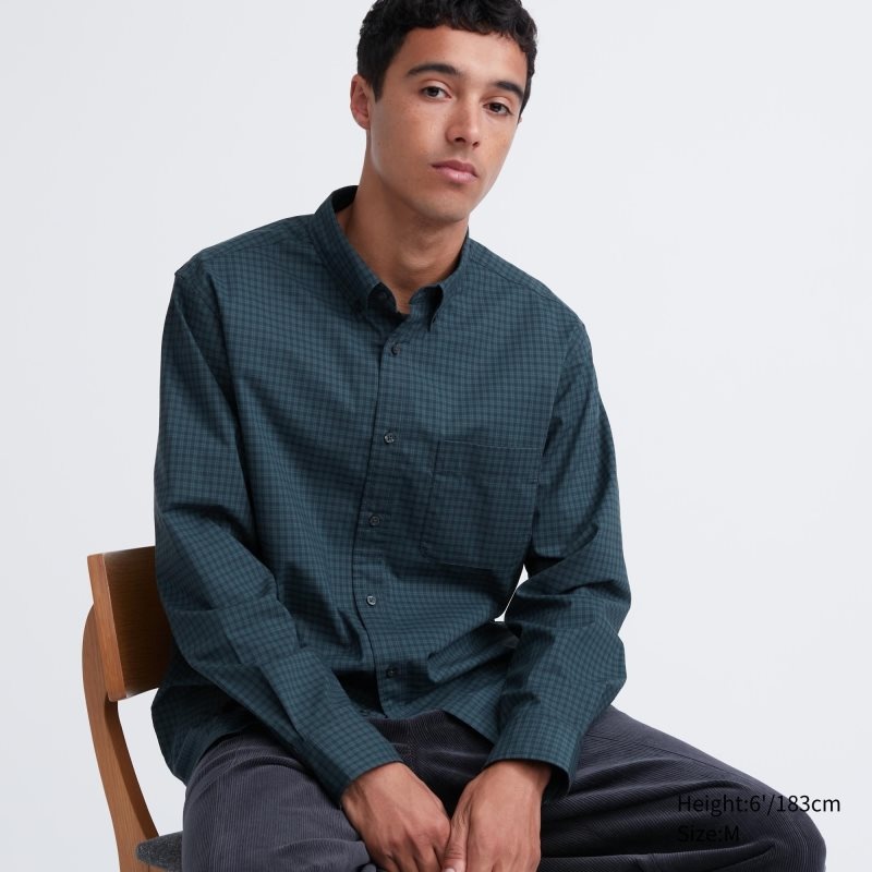 Uniqlo Extra Fine Cotton Broadcloth Checked Long-sleeve Skjorte Herre Grøn | 3685475