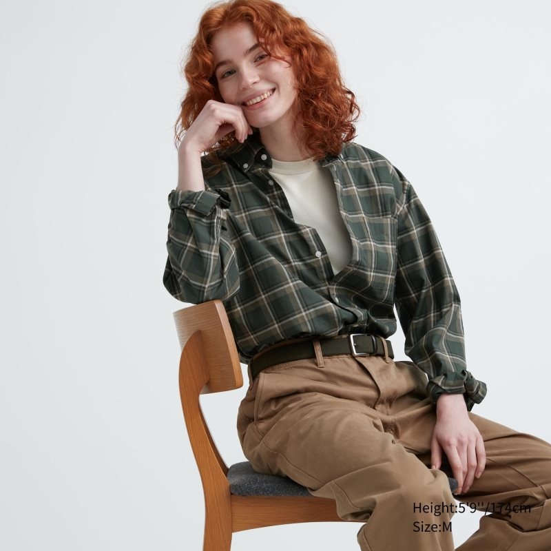Uniqlo Extra Fine Cotton Broadcloth Checked Long-sleeve Skjorte Herre Olivengrøn | 6669856