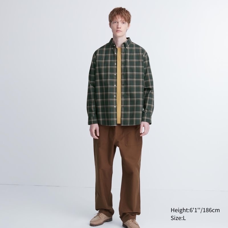 Uniqlo Extra Fine Cotton Broadcloth Checked Long-sleeve Skjorte Herre Olivengrøn | 6669856