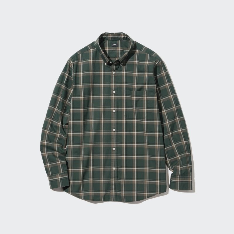Uniqlo Extra Fine Cotton Broadcloth Checked Long-sleeve Skjorte Herre Olivengrøn | 6669856