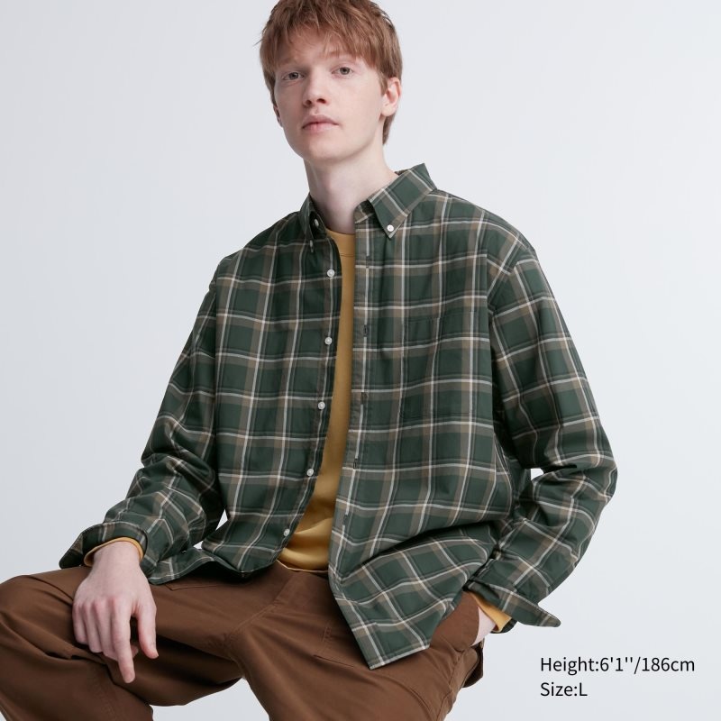 Uniqlo Extra Fine Cotton Broadcloth Checked Long-sleeve Skjorte Herre Olivengrøn | 6669856