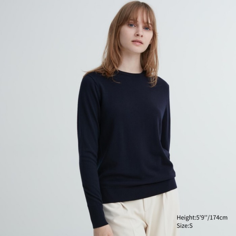 Uniqlo Extra Fine Merino Crew Neck Long-Sleeve Trøjer Dame Mørkeblå | 9339705