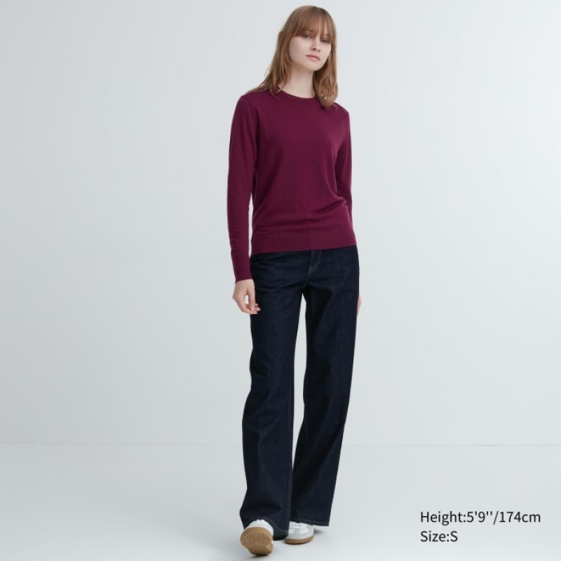 Uniqlo Extra Fine Merino Crew Neck Long-Sleeve Trøjer Dame Rød | 648741