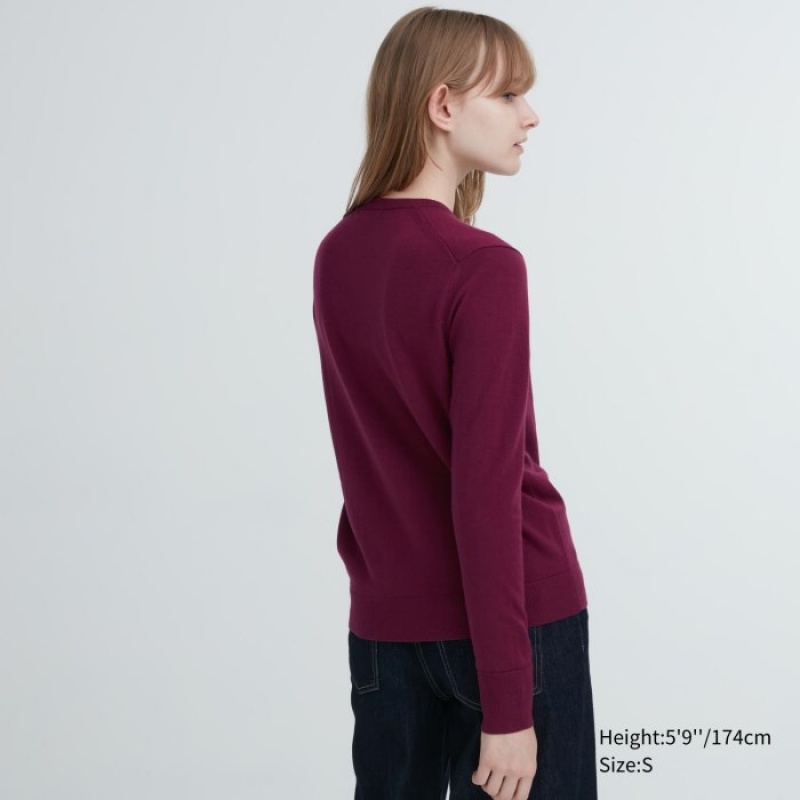Uniqlo Extra Fine Merino Crew Neck Long-Sleeve Trøjer Dame Rød | 648741