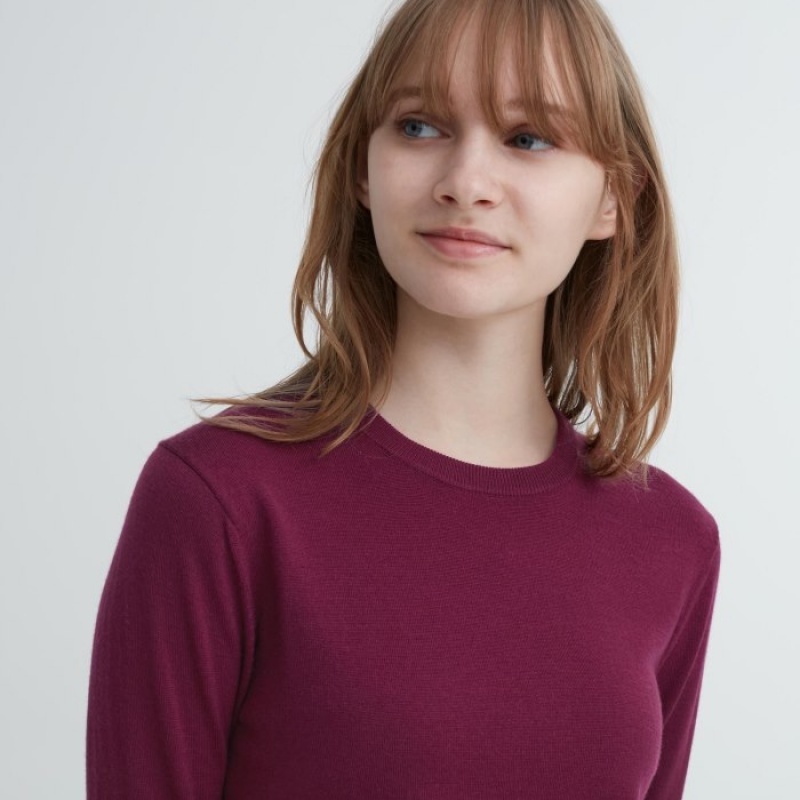Uniqlo Extra Fine Merino Crew Neck Long-Sleeve Trøjer Dame Rød | 648741
