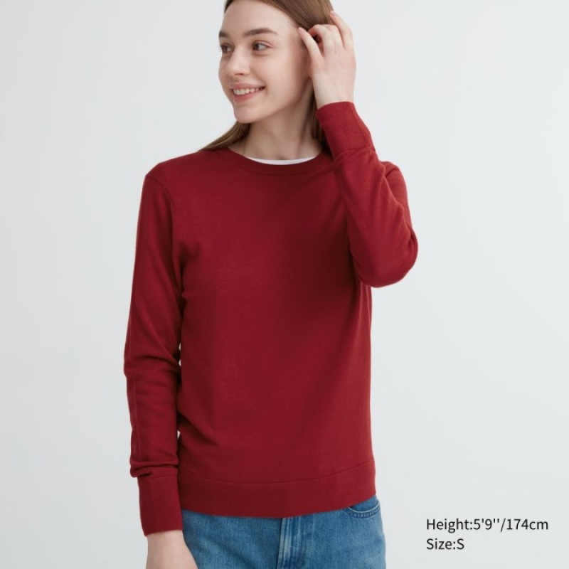 Uniqlo Extra Fine Merino Crew Neck Long-Sleeve Trøjer Dame Rød | 648741