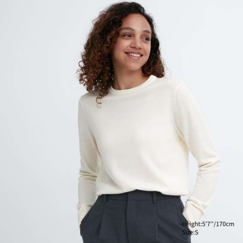 Uniqlo Extra Fine Merino Crew Neck Long-Sleeve Trøjer Dame Hvide | 6740275