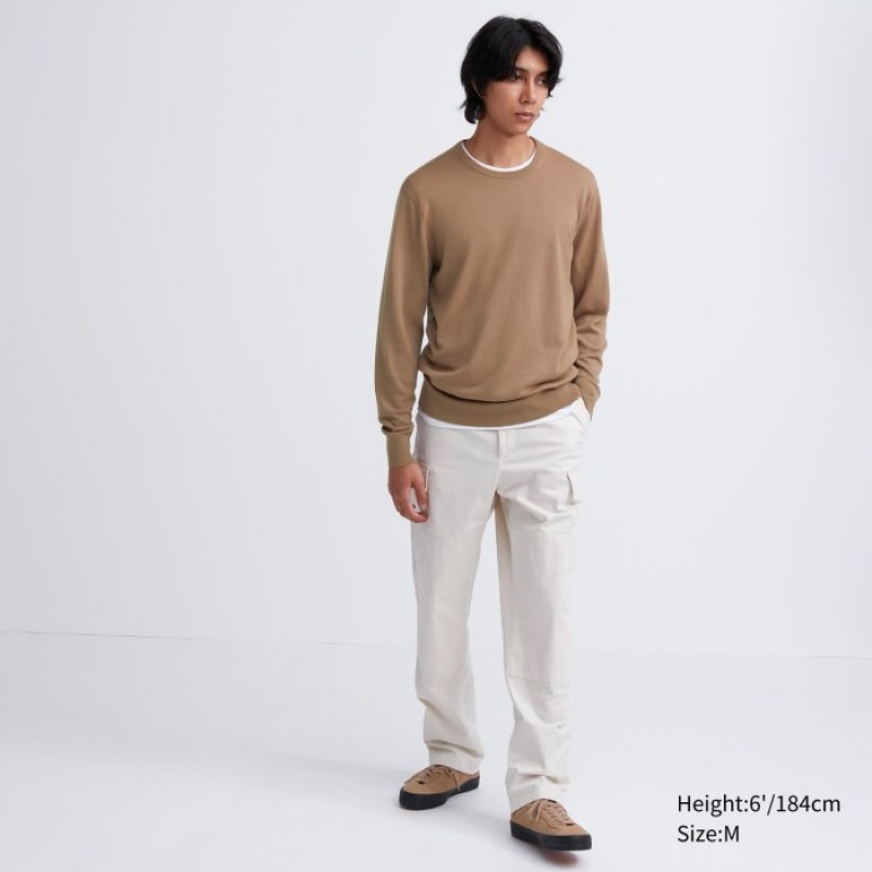 Uniqlo Extra Fine Merino Crew Neck Long-Sleeve Trøjer Dame Beige | 9958402