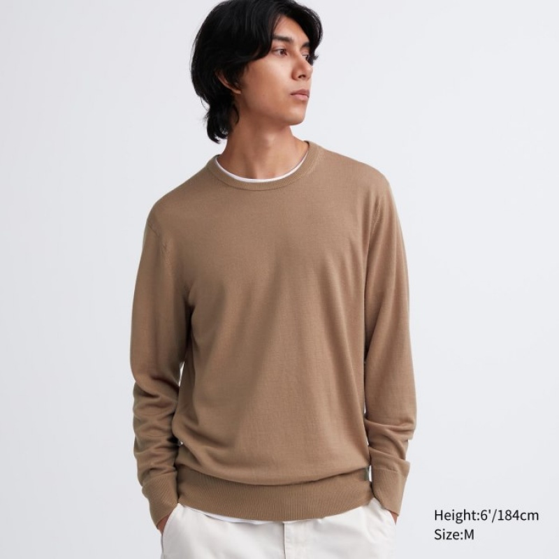 Uniqlo Extra Fine Merino Crew Neck Long-Sleeve Trøjer Dame Beige | 9958402