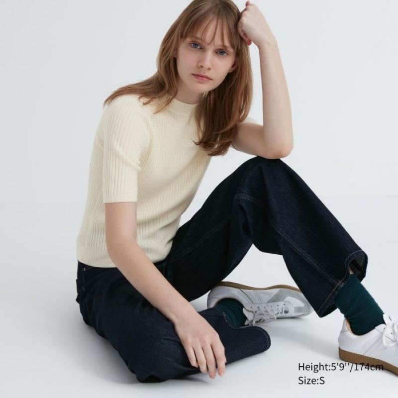Uniqlo Extra Fine Merino Ribbed Mock Neck Half-Sleeve Trøjer Dame Hvide | 1802434