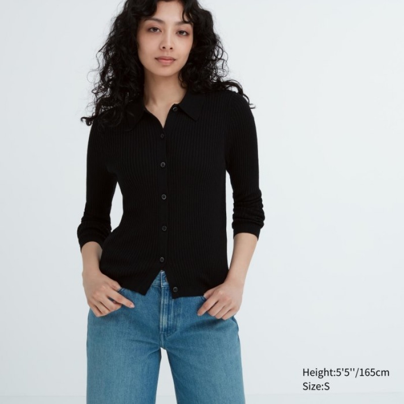 Uniqlo Extra Fine Merino Ribbed Polo Cardigan Dame Sort | 7457071