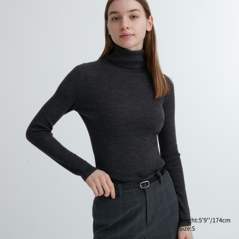 Uniqlo Extra Fine Merino Ribbed Turtleneck Long-Sleeve Trøjer Dame Grå | 934172