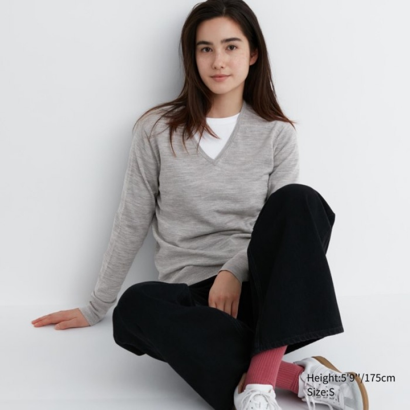 Uniqlo Extra Fine Merino V-Neck Long-Sleeve Trøjer Dame Grå | 3324208