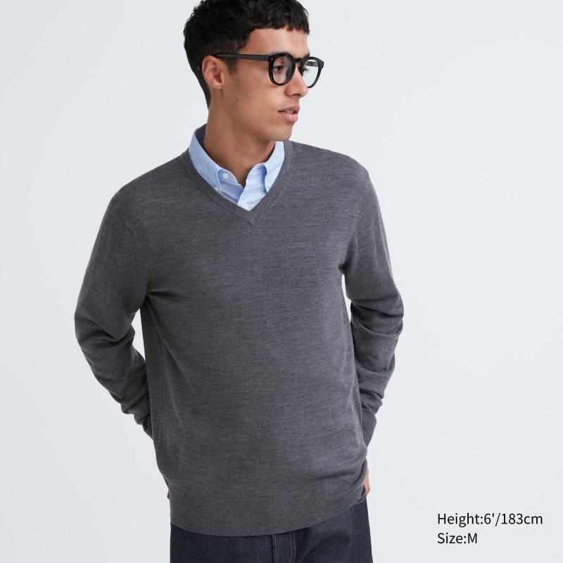 Uniqlo Extra Fine Merino V-neck Trøjer Herre Grå | 7032237