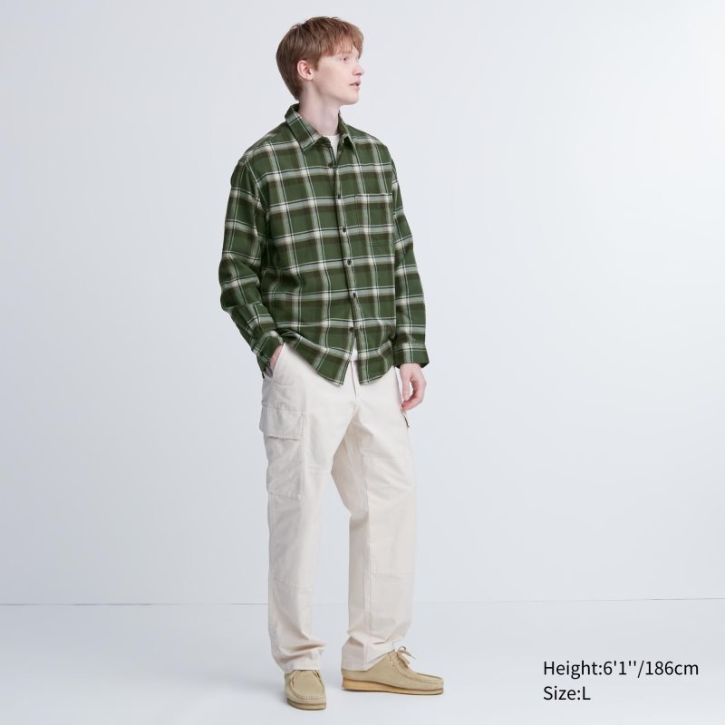 Uniqlo Flannel Checked Long-sleeve Skjorte Herre Olivengrøn | 4052050