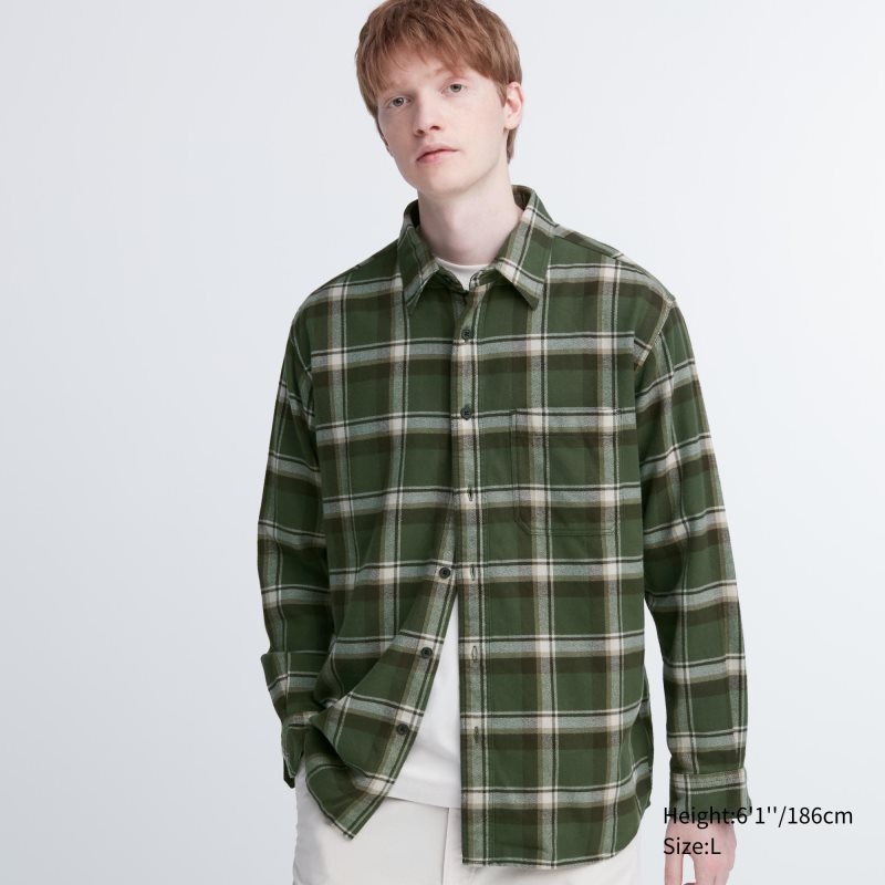 Uniqlo Flannel Checked Long-sleeve Skjorte Herre Olivengrøn | 4052050
