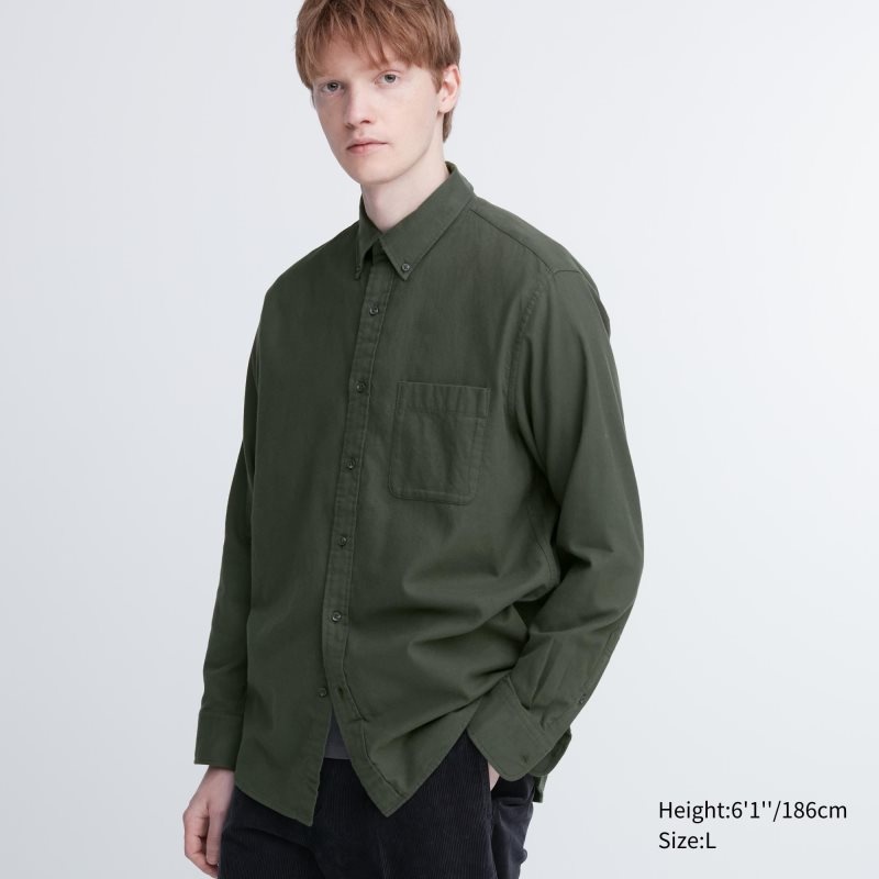 Uniqlo Flannel Long-Sleeve Skjorte Herre Olivengrøn | 9408917