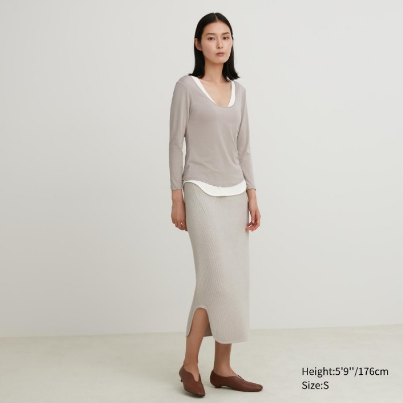 Uniqlo HEATTECH Ballet Neck Long-Sleeve Silk Blend T Shirts Dame Grå | 547444
