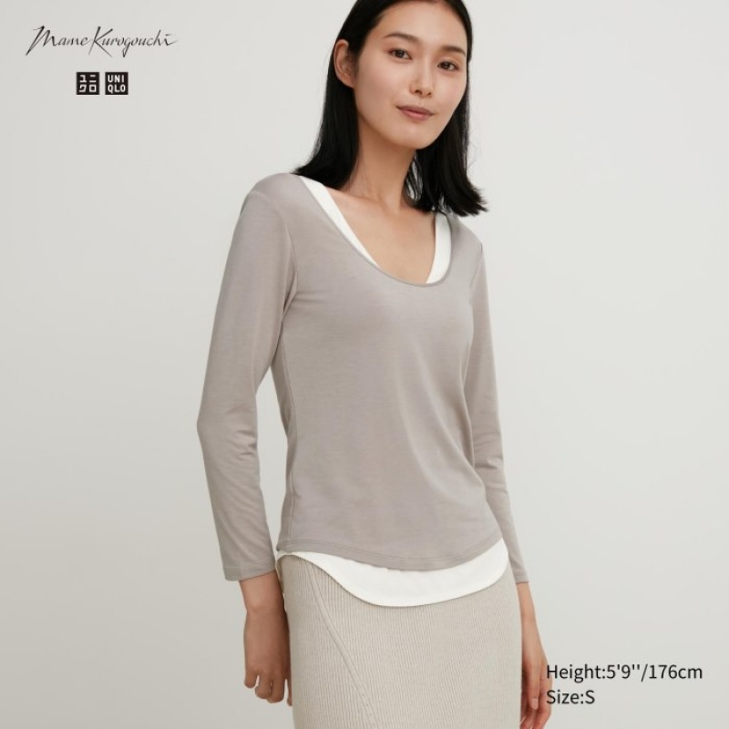 Uniqlo HEATTECH Ballet Neck Long-Sleeve Silk Blend T Shirts Dame Grå | 547444