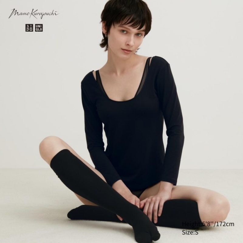 Uniqlo HEATTECH Ballet Neck Long-Sleeve Silk Blend T Shirts Dame Sort | 1902859