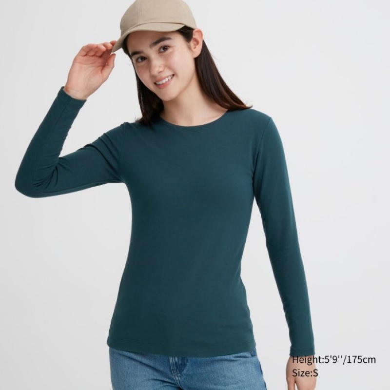 Uniqlo HEATTECH Cotton Crew Neck Long-Sleeve T Shirts Dame Grøn | 3058071