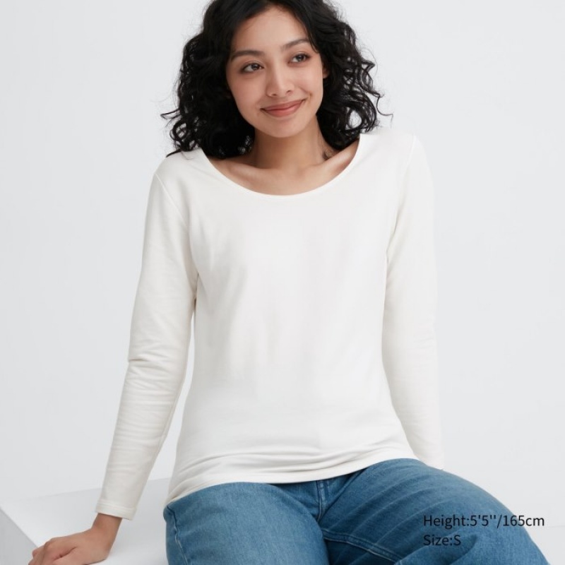 Uniqlo HEATTECH Cotton Scoop Neck Long-Sleeve T Shirts Dame Hvide | 2559034