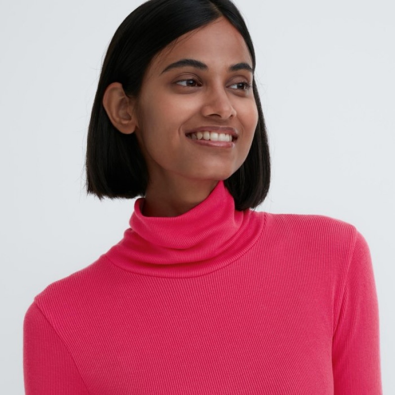 Uniqlo HEATTECH Extra Warm Seamless Ribbed Turtleneck Long-Sleeve T Shirts Dame Lyserød | 7562413