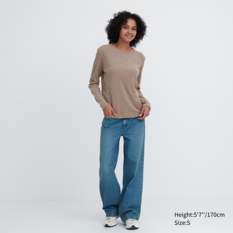 Uniqlo HEATTECH Fleece Crew Neck Long-Sleeve T Shirts Dame Lyserød | 7381280